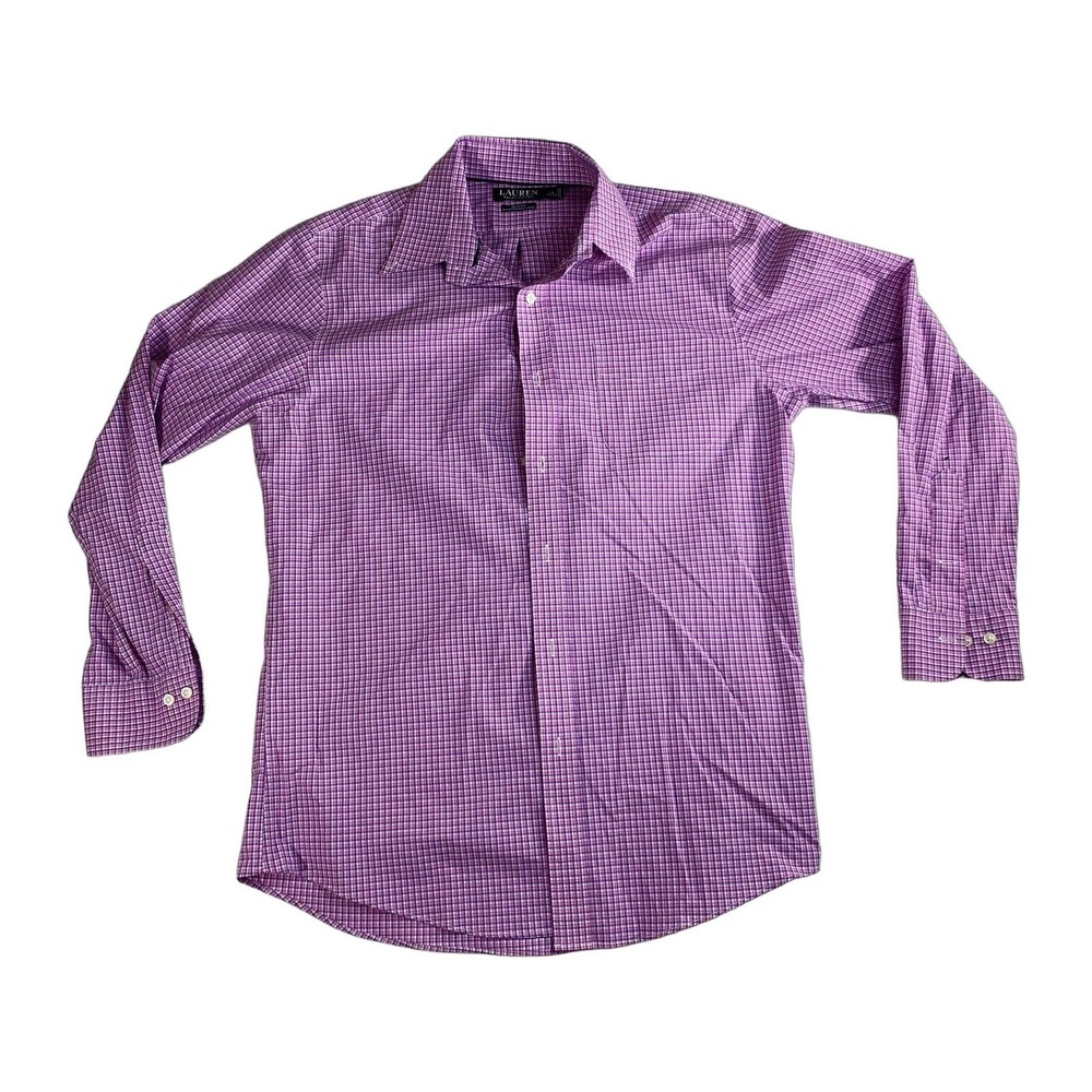 Lauren Ralph‎ Button Up Shirt Men's Purple 16 34/35 Slim Fit Pink Gingham